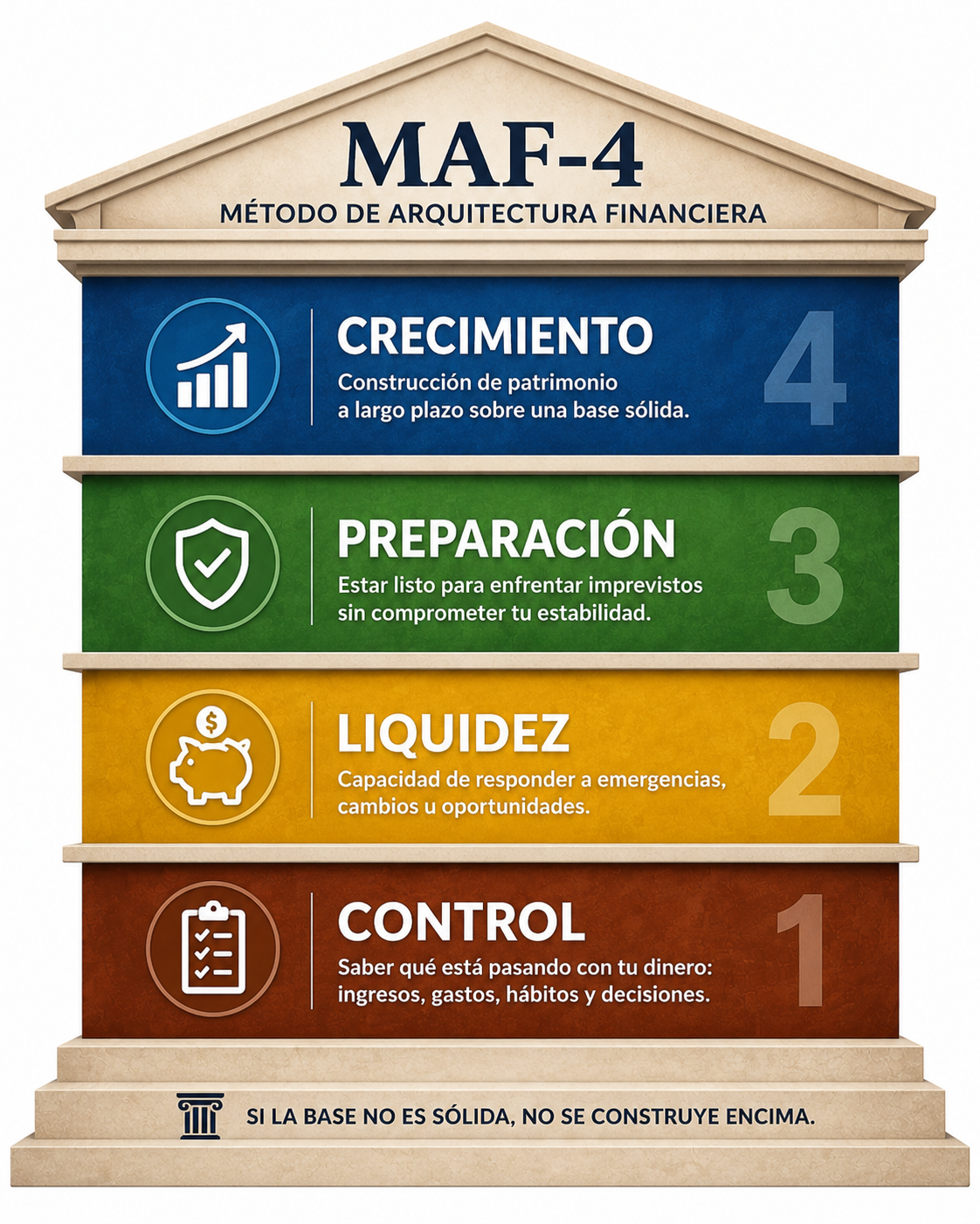 Diagrama del Método MAF-4 mostrando las cuatro capas: Control, Liquidez, Preparación y Crecimiento